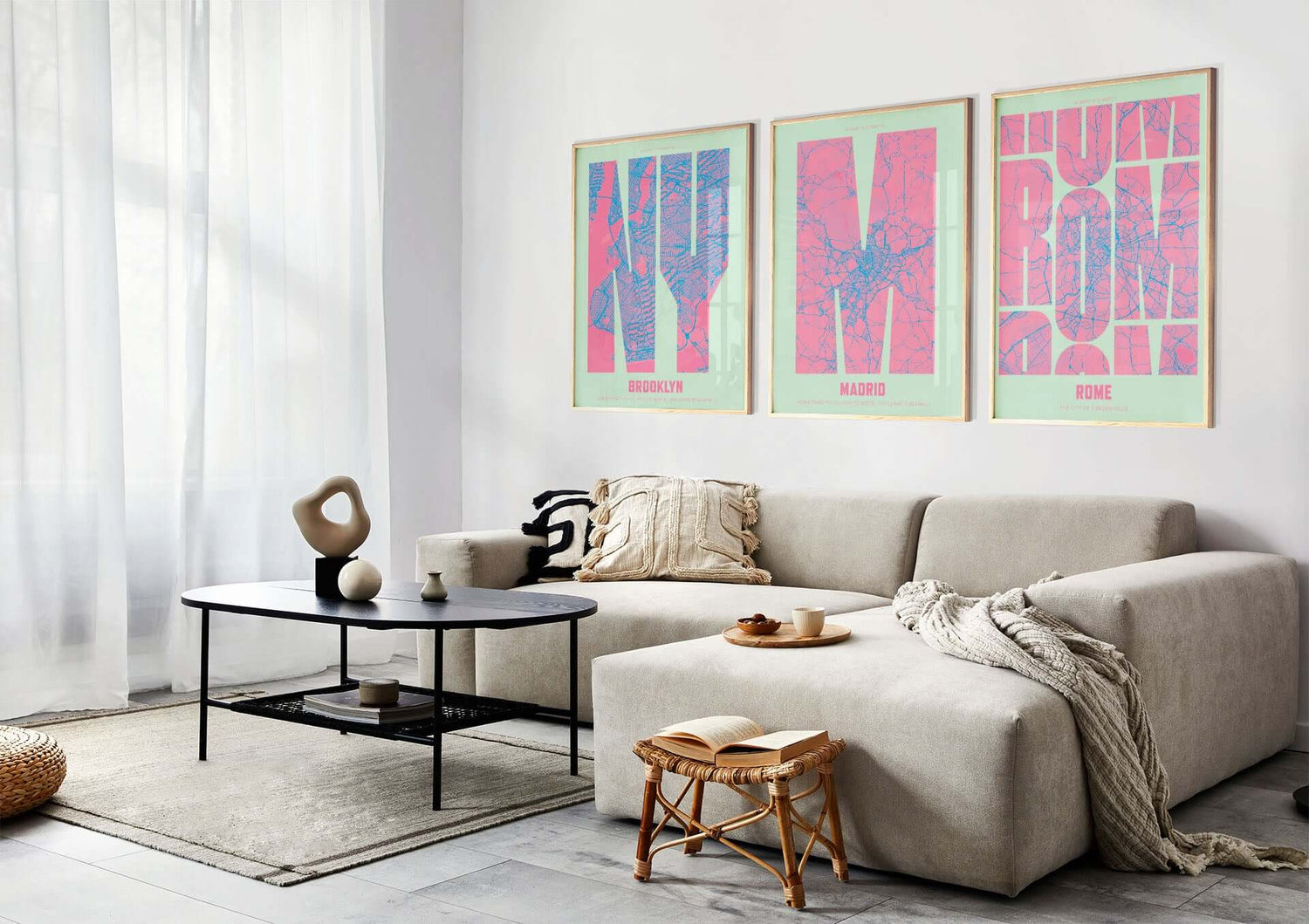 Decorative prints LetraMap in a living room